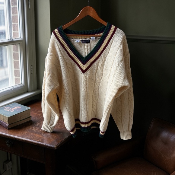 1980’s Vintage Austin Reed Shetland Wool Sweater with Green and Burgundy Trim.